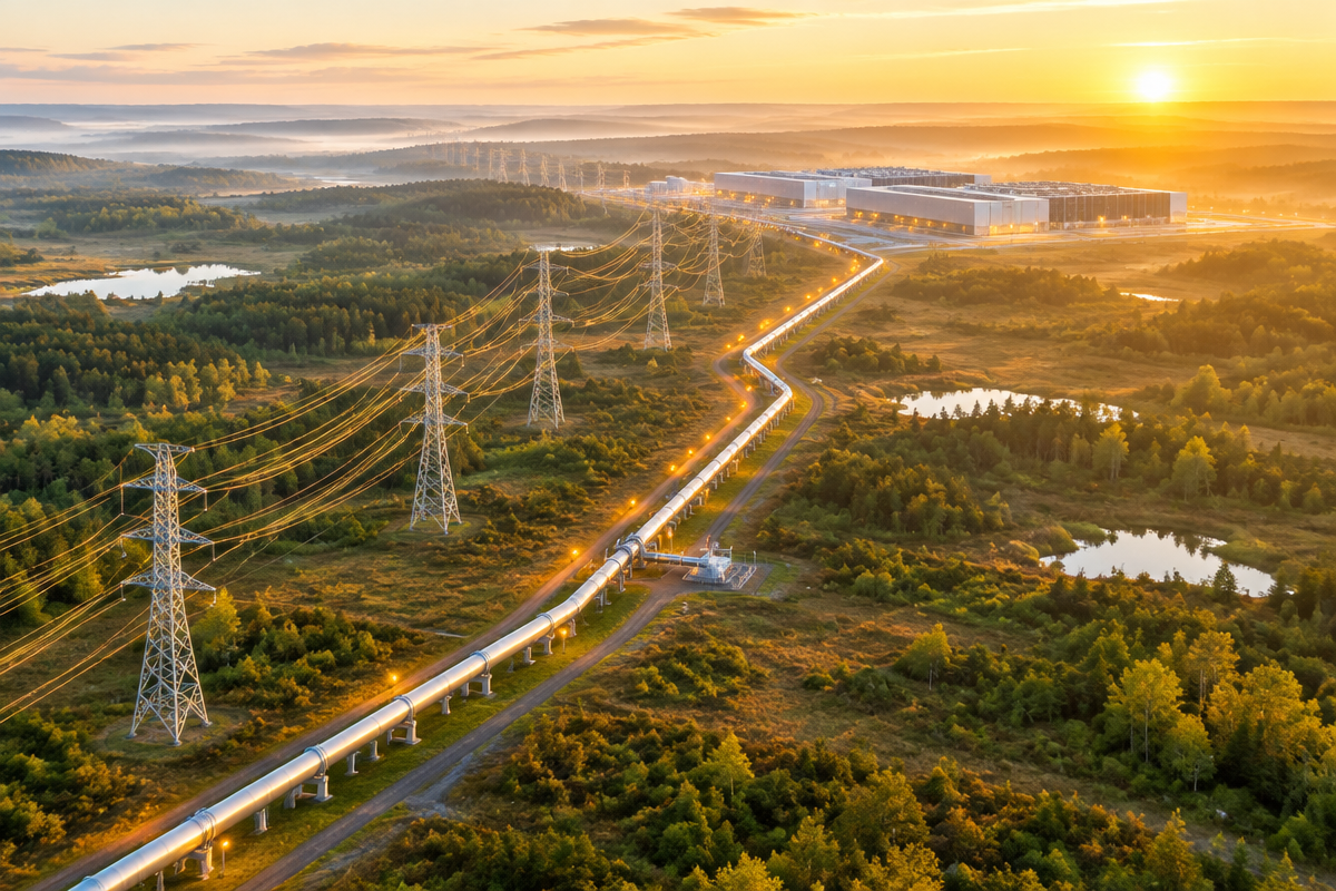 Power lines and gas pipeline crossing dark terrain toward glowing data centers