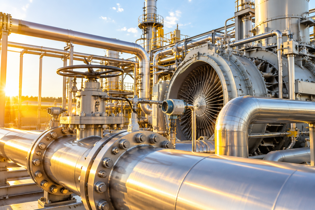 Gas pipelines and turbine machinery lit by amber light
